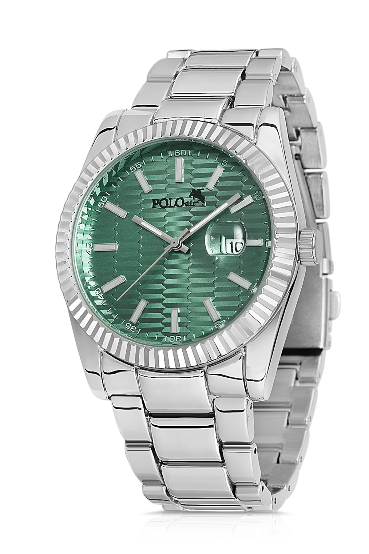 Polo Air  Mercek Takvimli Şık Erkek Kol Saati Gümüş-Yeşil PL-0836E5x
