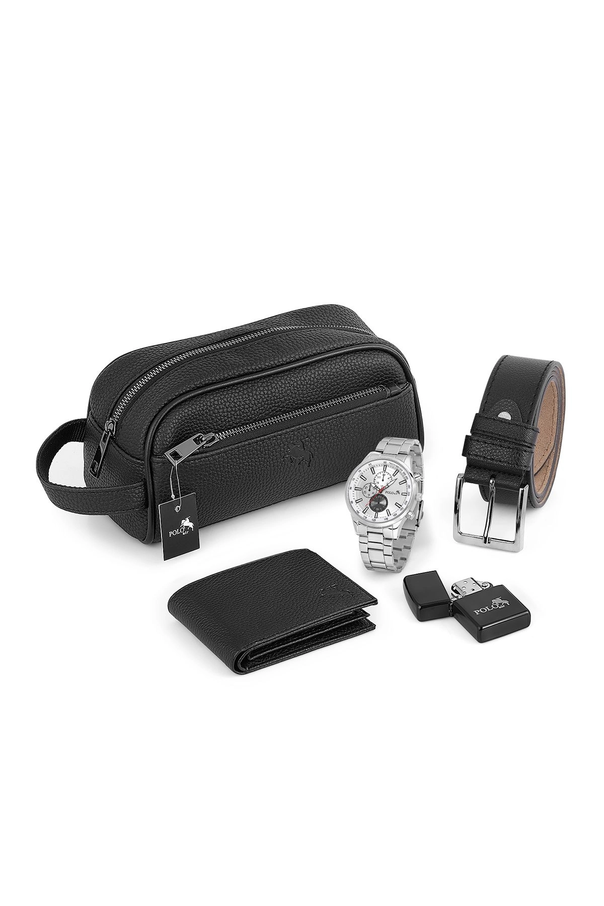 Erkek Kol Saati El Çantası Cüzdan Kemer Çakmak Set Gümüş  Kombin Pl-0871E4 Gümüş Pl-0871E4