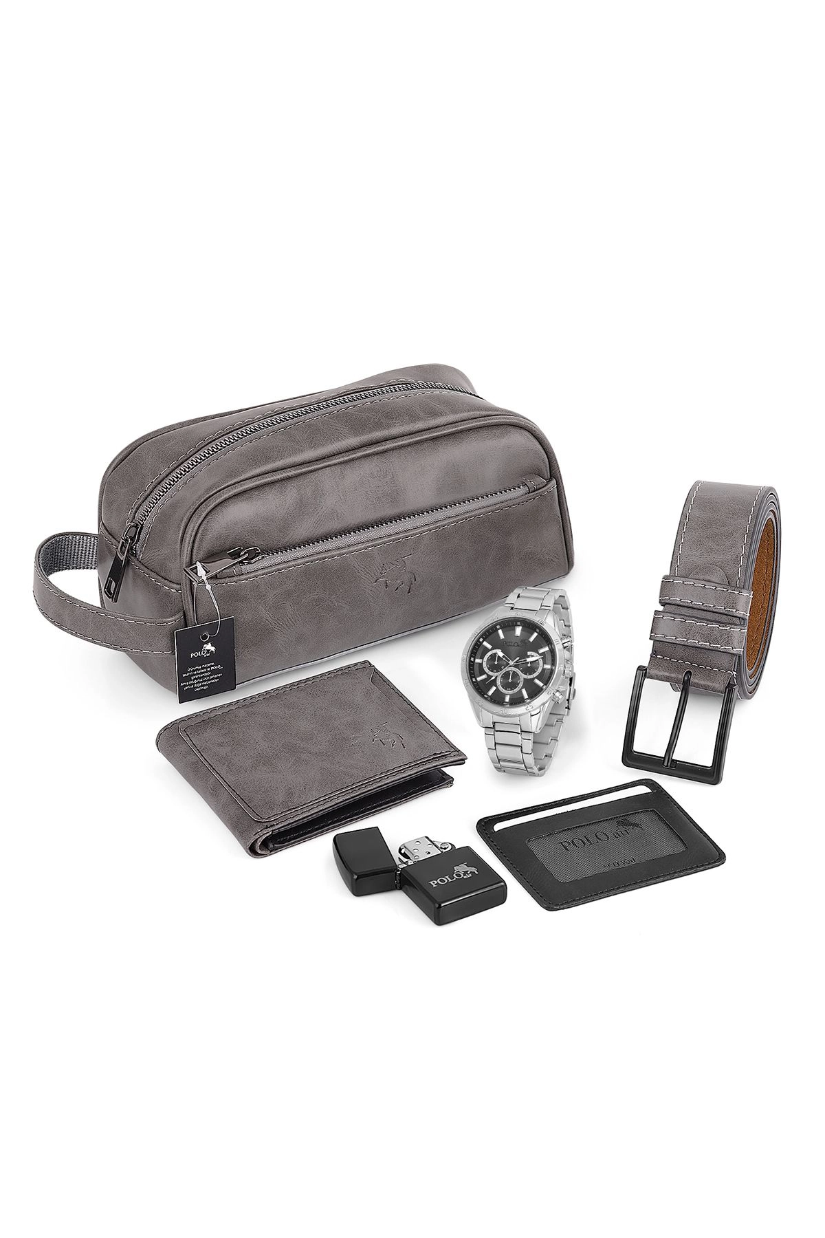 Erkek Kol Saati El Çantası Cüzdan Kemer Kartlık Çakmak Set Gri Kombin Set Pl-0872E5 Gri Pl-0872E5