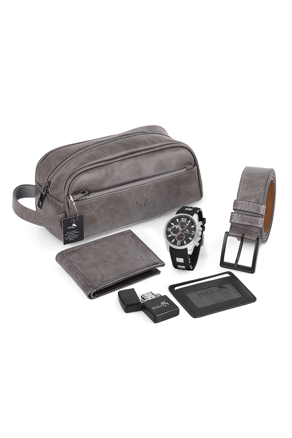 Erkek Kol Saati El Çantası Cüzdan Kemer Kartlık Çakmak Set Gümüş Siyah Gri Kombin Set Pl-0874E4 Gri Set Pl-0874E4