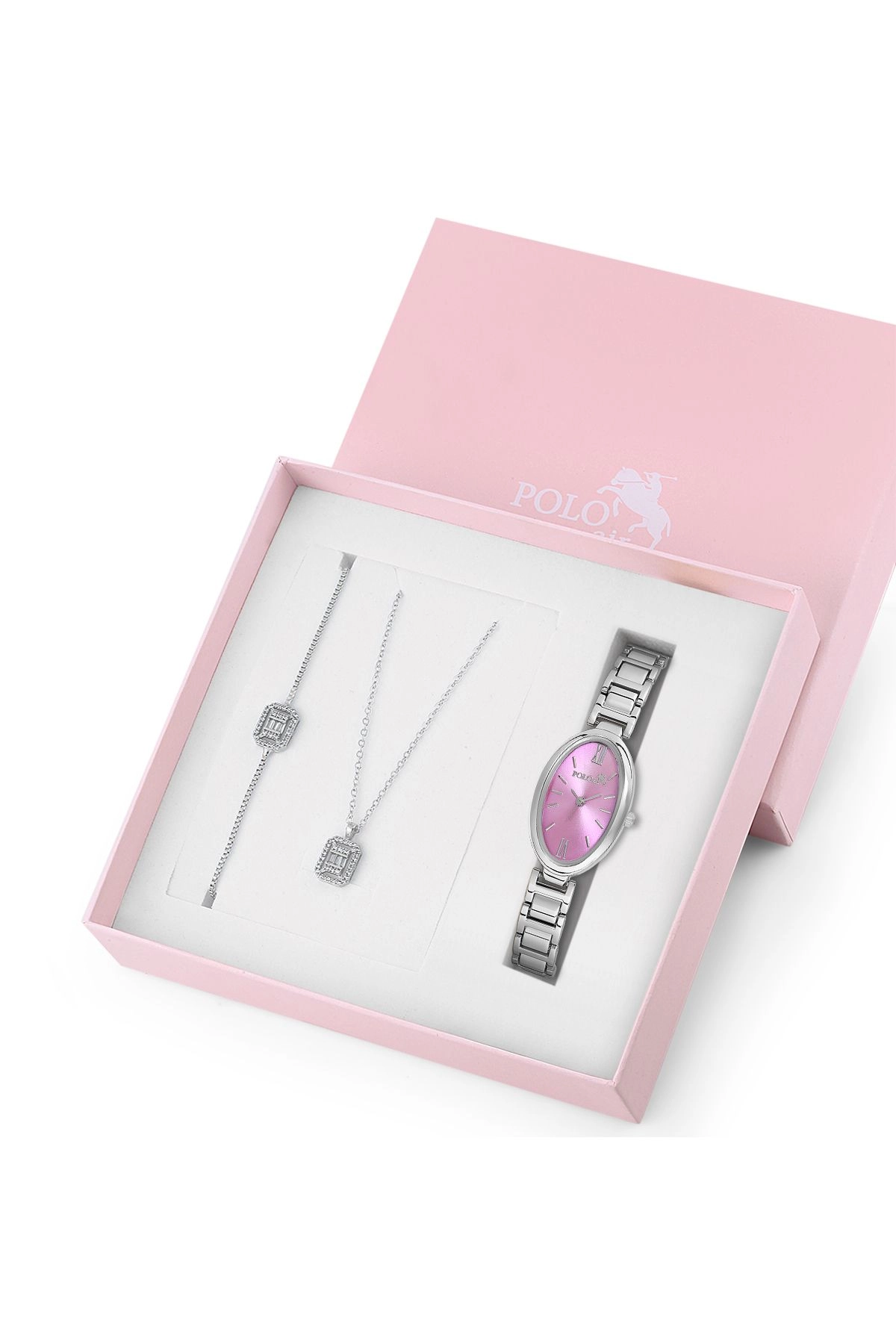 Elips Kadın Kol Saati Zirkon Taşlı Baget Kolye Bileklik Özel Kombin Set Gümüş-Pembe St-2118S5 Gümüş-Pembe St-2118S5