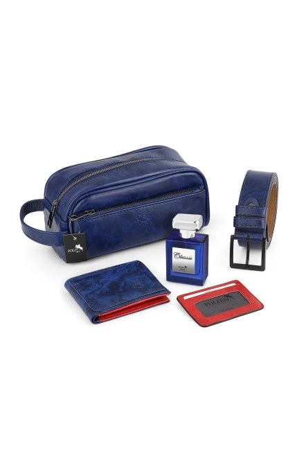 Erkek El Çantası Cüzdan Kemer Kartlık Parfüm Set Lacivert Renk Pn-30-L Lacivert Pn-30-L
