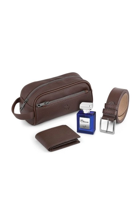 Erkek El Çantası Cüzdan Kemer Parfüm Set Kahverengi Renk Pn-31-K Kahverengi Pn-31-K