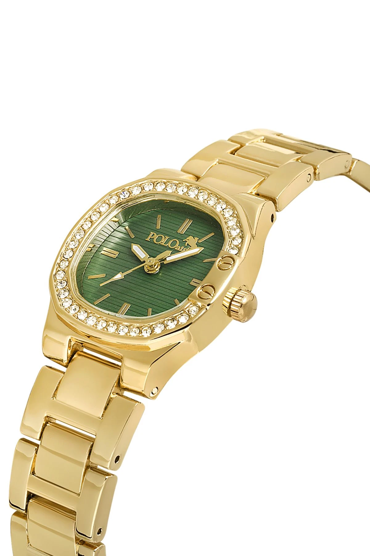Tek Sıra Lüx Taşlı Kadın Kol Saati Zirkon Taşlı Baget Bileklik Kombin Gold Yeşil Renk Pl-1513B4 Gold-Yeşil Pl-1513B4
