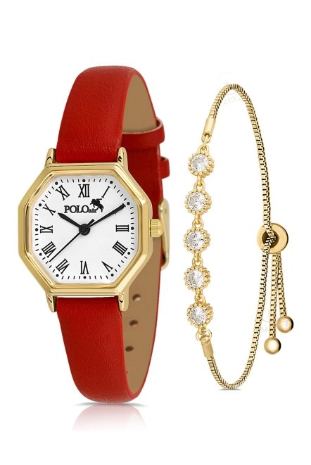 Geometrik Kasa Deri Kordon Kadın Kol Saati Zirkon Taşlı 5 Taş Bileklik Kırmızı-Gold Pl-1483B9 Kırmızı-Gold Pl-1483B9