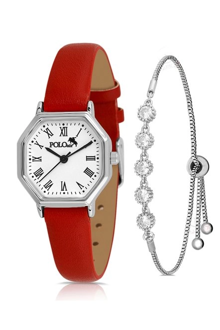Geometrik Kasa Deri Kordon Kadın Kol Saati Zirkon Taşlı 5 Taş Bileklik Kırmızı-Gümüş Pl-1483B4 Kırmızı-Gümüş Pl-1483B4