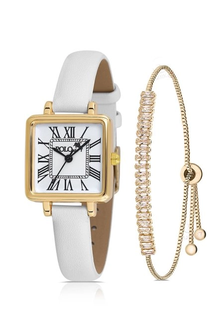 Kare Kasa Deri Kordon Kadın Kol Saati Zirkon Taşlı Baget Bileklik Beyaz-Gold Pl-1484B7 Beyaz-Gold Pl-1484B7