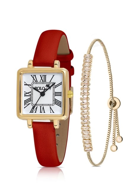 Kare Kasa Deri Kordon Kadın Kol Saati Zirkon Taşlı Baget Bileklik Kırmızı-Gold Pl-1484B9 Kırmızı-Gold Pl-1484B9