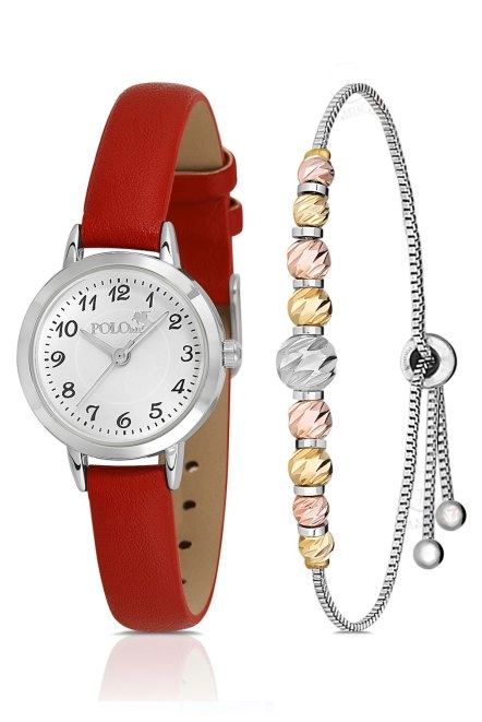 Klasik Deri Kordon Kadın Kol Saati Dorika Bileklik Kombin Kırmızı Gümüş Renk Pl-1518B4 Kırmızı-Gümüş Pl-1518B4