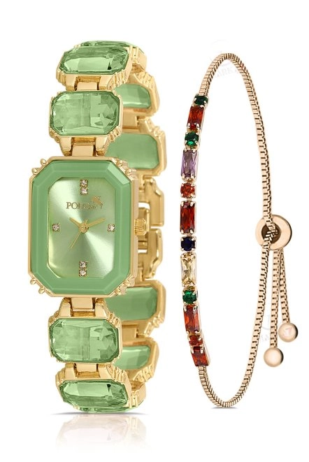 Lüx Taşlı Kadın Kol Saati Asansörlü Renkli Bileklik Kombin Gold Yeşil Renk Pl-1512B8 Gold-Yeşil Pl-1512B8