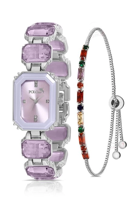 Lüx Taşlı Kadın Kol Saati Asansörlü Renkli Bileklik Kombin Mor Gümüş Renk Pl-1512B7 Gümüş-Mor Pl-1512B7