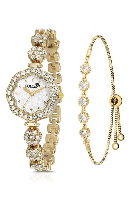 Lüx Taşlı Vintage Kadın Kol Saati Zirkon Taşlı 5 Taş Bileklik Kombin Gold Pl-1500B1 Gold Pl-1500B1