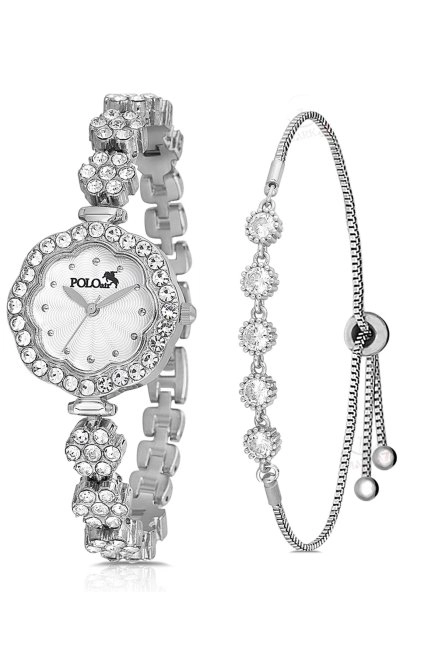 Lüx Taşlı Vintage Kadın Kol Saati Zirkon Taşlı 5 Taş Bileklik Kombin Gümüş Pl-1500B2 Gümüş Pl-1500B2