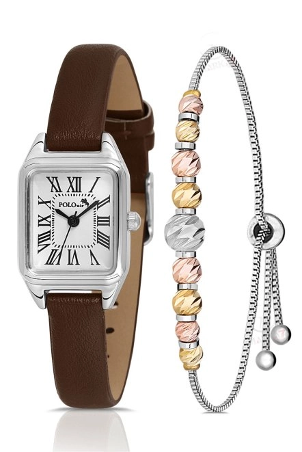 Romen Rakamlı Deri Kordon Kadın Kol Saati Dorika Bileklik Kombin Kahverengi Gümüş Renk Pl-1517B8 Kahverengi-Gümüş Pl-1517B8