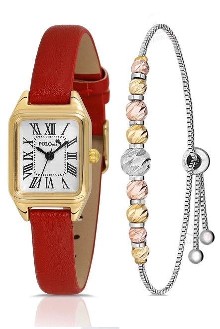 Romen Rakamlı Deri Kordon Kadın Kol Saati Dorika Bileklik Kombin Kırmızı Gold Renk Pl-1517B5 Kırmızı-Gold Pl-1517B5