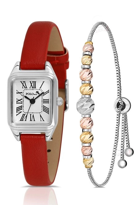 Romen Rakamlı Deri Kordon Kadın Kol Saati Dorika Bileklik Kombin Kırmızı Gümüş Renk Pl-1517B10 Kırmızı-Gümüş Pl-1517B10