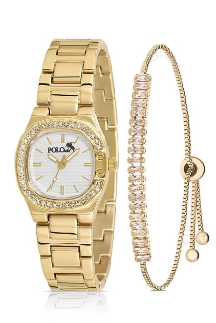 Tek Sıra Lüx Taşlı Kadın Kol Saati Zirkon Taşlı Baget Bileklik Kombin Gold Renk Pl-1513B1 Gold Pl-1513B1