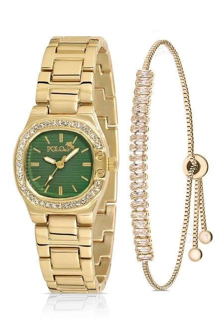 Tek Sıra Lüx Taşlı Kadın Kol Saati Zirkon Taşlı Baget Bileklik Kombin Gold Yeşil Renk Pl-1513B4 Gold-Yeşil Pl-1513B4