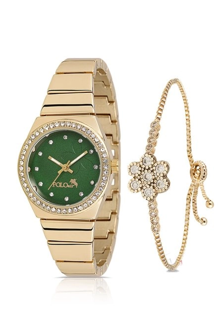 Tek Sıra Lüx Taşlı Kadın Kol Saati Zirkon Taşlı Çiçek Bileklik Gold-Yeşil Pl-1490B3 Gold-Yeşil Pl-1490B3