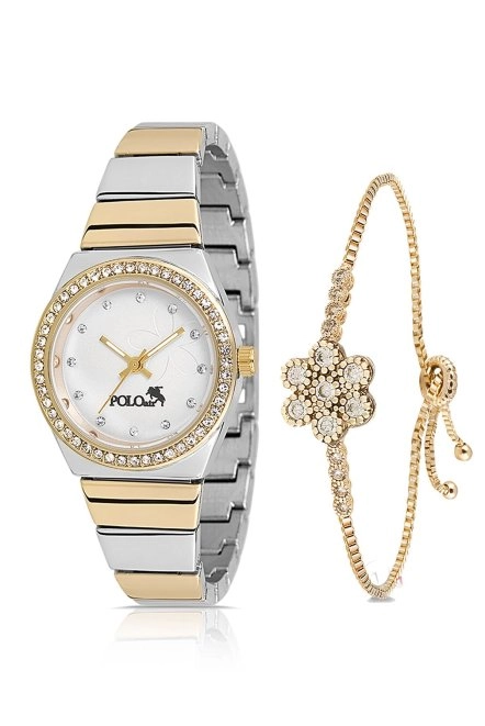 Tek Sıra Lüx Taşlı Kadın Kol Saati Zirkon Taşlı Çiçek Bileklik Gümüş-Gold Pl-1490B4 Gümüş-Gold Pl-1490B4