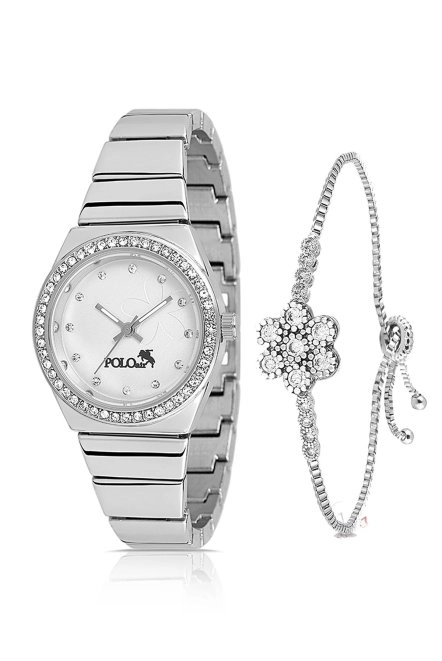 Tek Sıra Lüx Taşlı Kadın Kol Saati Zirkon Taşlı Çiçek Bileklik Gümüş Pl-1490B2 Gümüş Pl-1490B2