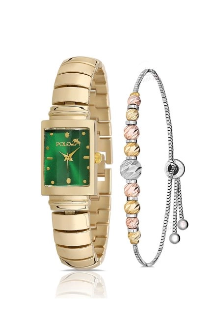 Vintage Kadın Kol Saati Dorika Bileklik Hediyelik Kombin Gold-Yeşil Pl-1491B3 Gold-Yeşil Pl-1491B3
