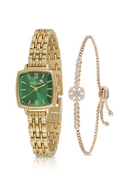 Vintage Kadın Kol Saati Zirkon Taşlı Kartanesi Bileklik Kombin Gold Yeşil Pl-1495B3 Gold-Yeşil Pl-1495B3