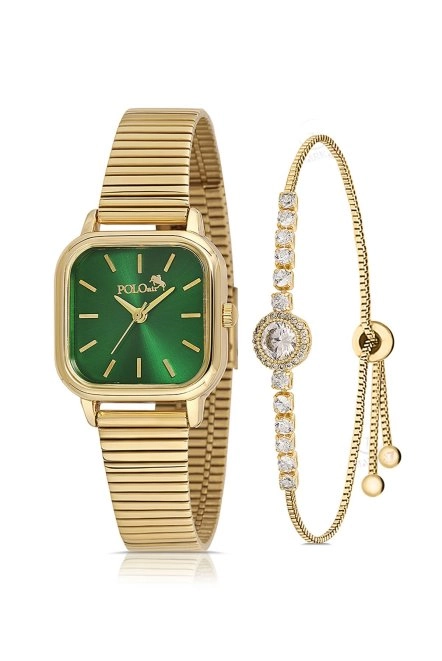 Vintage Kadın Kol Saati Zirkon Taşlı Lüx Bileklik Hediyelik Kombin Gold Yeşil Pl-1505B3 Gold-Yeşil Pl-1505B3
