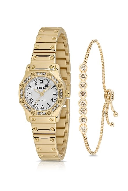 Vintage Kadın Kol Saati Zirkon Taşlı Su Yolu Bileklik Kombin Gold Renk Pl-1502Bb1 Gold Pl-1502B1