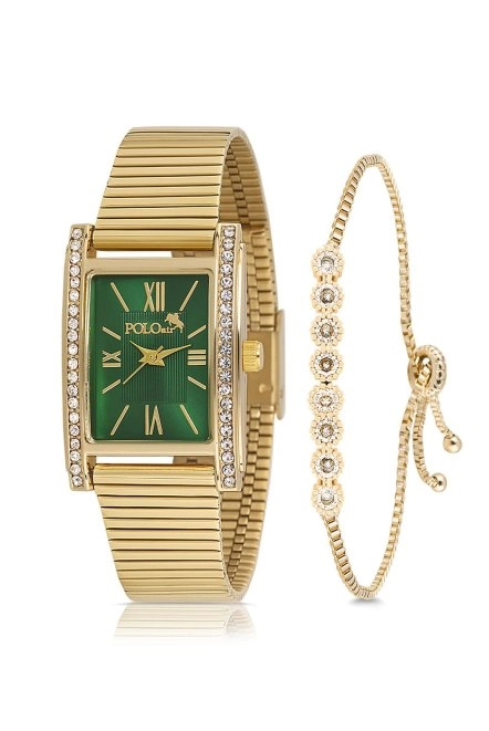 Vintage Kadın Kol Saati Zirkon Taşlı Su Yolu Bileklik Kombin Gold Yeşil Pl-1499B3 Gold-Yeşil Pl-1499B3