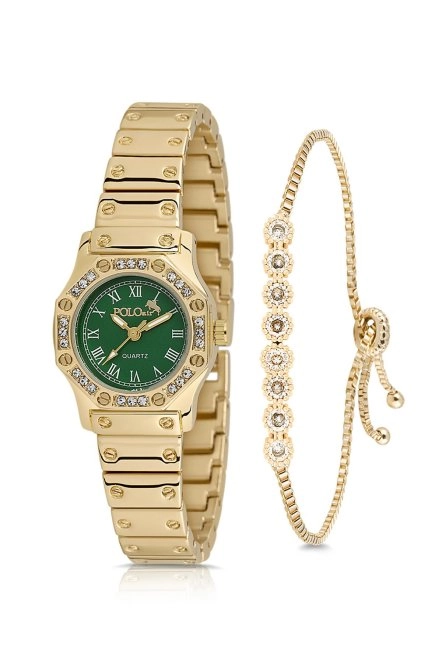 Vintage Kadın Kol Saati Zirkon Taşlı Su Yolu Bileklik Kombin Gold Yeşil Pl-1502B3 Gold-Yeşil Pl-1502B3