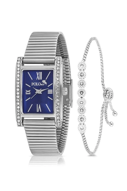 Vintage Kadın Kol Saati Zirkon Taşlı Su Yolu Bileklik Kombin Gümüş Lacivert Pl-1499B6 Gümüş-Lacivert Pl-1499B6