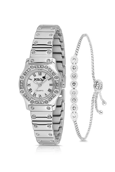 Vintage Kadın Kol Saati Zirkon Taşlı Su Yolu Bileklik Kombin Gümüş Pl-1502B2 Gümüş Pl-1502B2