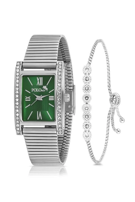 Vintage Kadın Kol Saati Zirkon Taşlı Su Yolu Bileklik Kombin Gümüş Yeşil Pl-1499B5 Gümüş-Yeşil Pl-1499B5