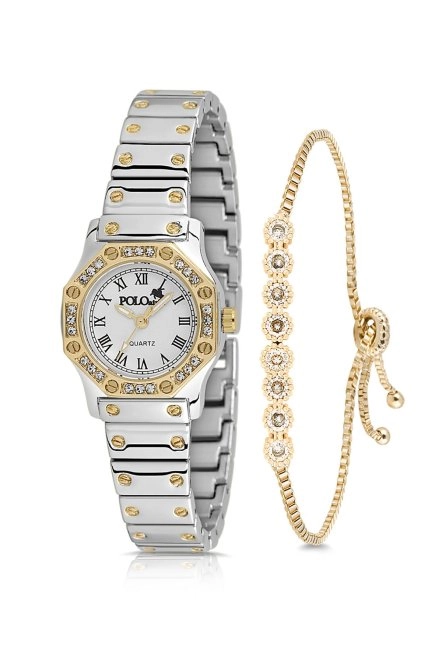 Vintage Kadın Kol Saati Zirkon Taşlı Su Yolu Bileklik Kombin Renk Gümüş Gold Pl-1502B4 Gümüş-Gold Pl-1502B4