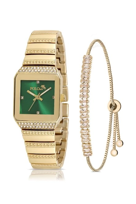 Vintage Kare Kadın Kol Saati Zirkon Taşlı Baget Bileklik Gold-Yeşil Pl-1488B3 Gold-Yeşil Pl-1488B3