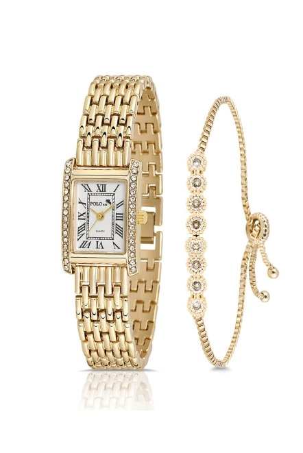 Vintage Romen Rakamlı Kadın Kol Saati Zirkon Taşlı Su Yolu Bileklik Kombin Gold Pl-1501B1 Gold Pl-1501B1