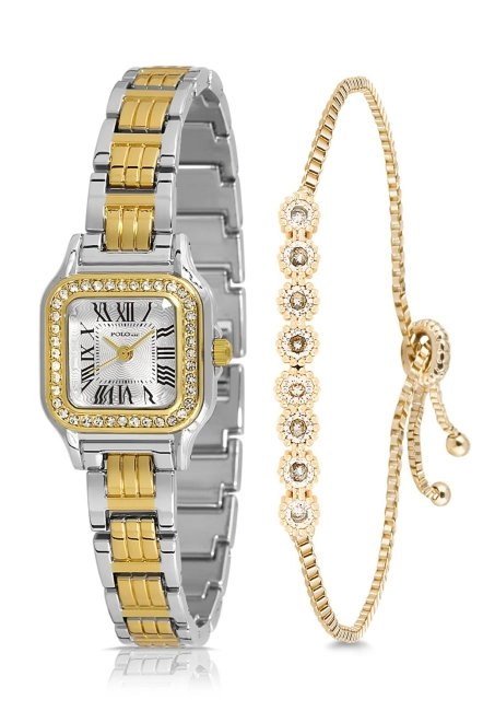 Vintage Romen Rakamlı Lüx Taşlı Kadın Kol Saati Su Yolu Bileklik Kombin Gold Gümüş Renk Pl-1515B1 Gold-Gümüş Pl-1515B1
