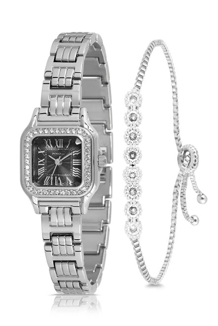 Vintage Romen Rakamlı Lüx Taşlı Kadın Kol Saati Su Yolu Bileklik Kombin Gümüş Siyah Renk Pl-1515B5 Gümüş-Siyah Pl-1515B5