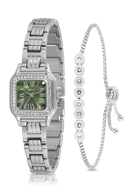 Vintage Romen Rakamlı Lüx Taşlı Kadın Kol Saati Su Yolu Bileklik Kombin Gümüş Yeşil Renk Pl-1515B7 Gümüş-Yeşil Pl-1515B7