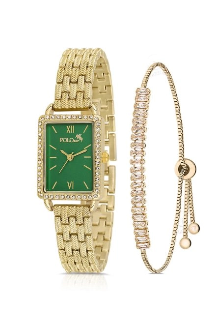 Vintage Tek Sıra Lüx Taşlı Kadın Kol Saati Zirkon Taşlı Baget Bileklik Gold-Yeşil Pl-1486B3 Gold-Yeşil Pl-1486B3