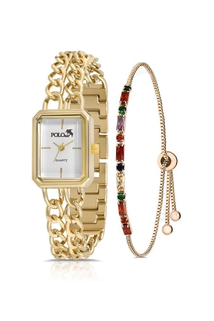 Vintage Zincir Kordon Kadın Kol Saati Zirkon Taşlı Renkli Bileklik Kombin Gold Pl-1503B1 Gold Pl-1503B1