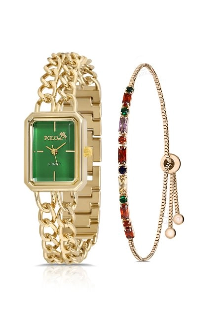 Vintage Zincir Kordon Kadın Kol Saati Zirkon Taşlı Renkli Bileklik Kombin Gold Yeşil Pl-1503B3 Gold-Yeşil Pl-1503B3