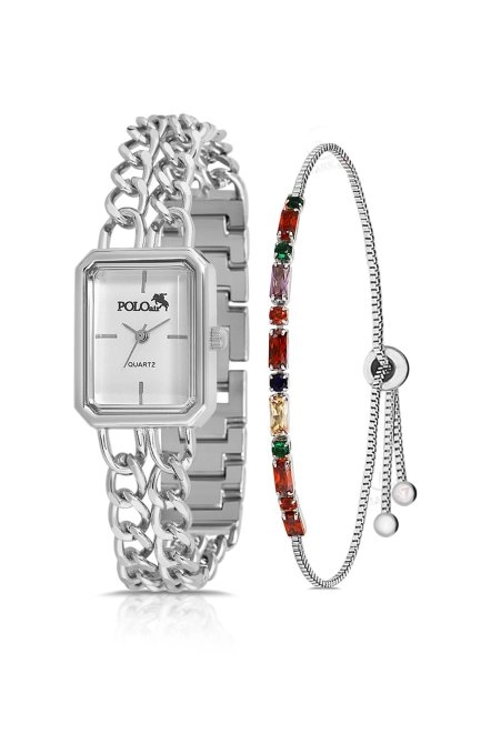 Vintage Zincir Kordon Kadın Kol Saati Zirkon Taşlı Renkli Bileklik Kombin Gümüş Pl-1503B2 Gümüş Pl-1503B2