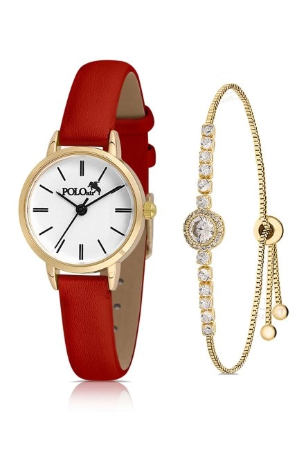 Zarif Kadın Kol Saati Zirkon Taşlı Lüx Bileklik Hediyeli Kombin  Kırmızı-Sarı Pl-1482B9 Kırmızı-Sarı Pl-1482B9