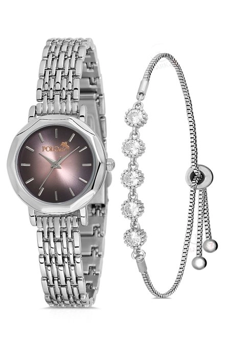 Zarif Vintage Kadın Kol Saati Ve Zirkon Taşlı 5 Taş Bileklik Hediye Gümüş-Kahverengi Pl-1480B3 Gümüş Kahverengi Pl-1480B3