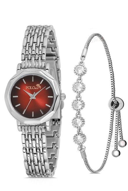 Zarif Vintage Kadın Kol Saati Ve Zirkon Taşlı 5 Taş Bileklik Hediye Gümüş-Kırmızı Pl-1480B5 Gümüş-Kırmızı Pl-1480B5