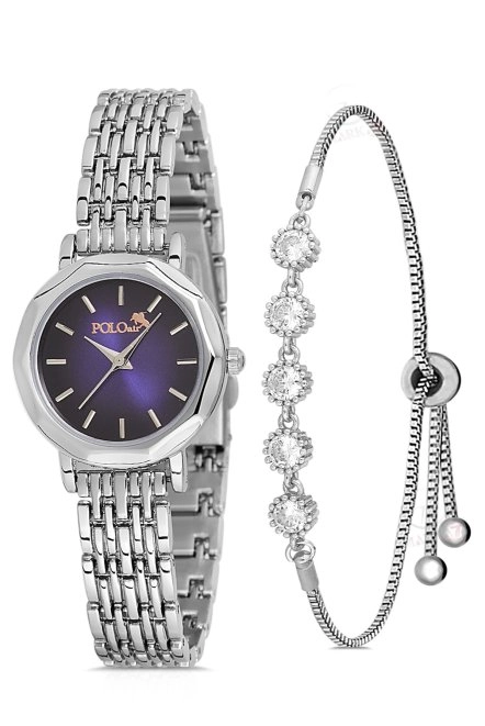 Zarif Vintage Kadın Kol Saati Ve Zirkon Taşlı 5 Taş Bileklik Hediye Gümüş-Mor Pl-1480B6 Gümüş-Mor Pl-1480B6