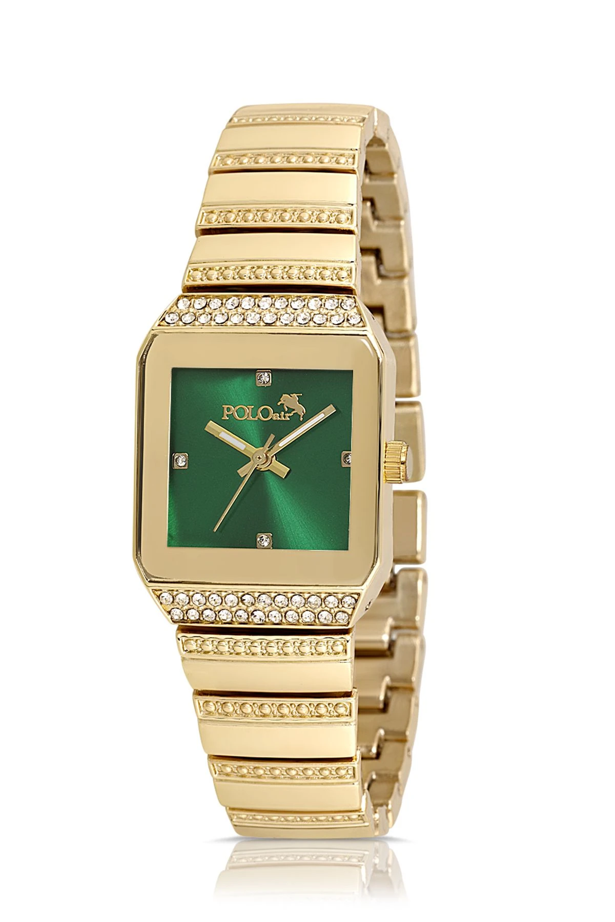 Vintage Kare Kadın Kol Saati Zirkon Taşlı Baget Bileklik Gold-Yeşil Pl-1488B3 Gold-Yeşil Pl-1488B3