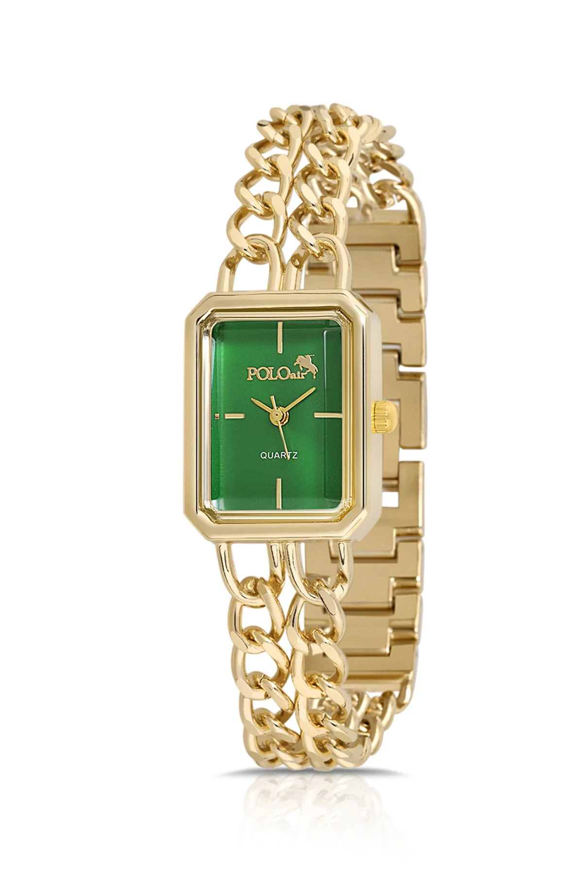 Vintage Zincir Kordon Kadın Kol Saati Zirkon Taşlı Renkli Bileklik Kombin Gold Yeşil Pl-1503B3 Gold-Yeşil Pl-1503B3